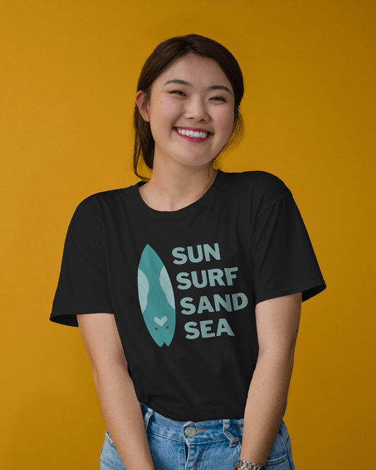 Sun Surf Sand Sea | Printed T Shirt for Women Folded Neck